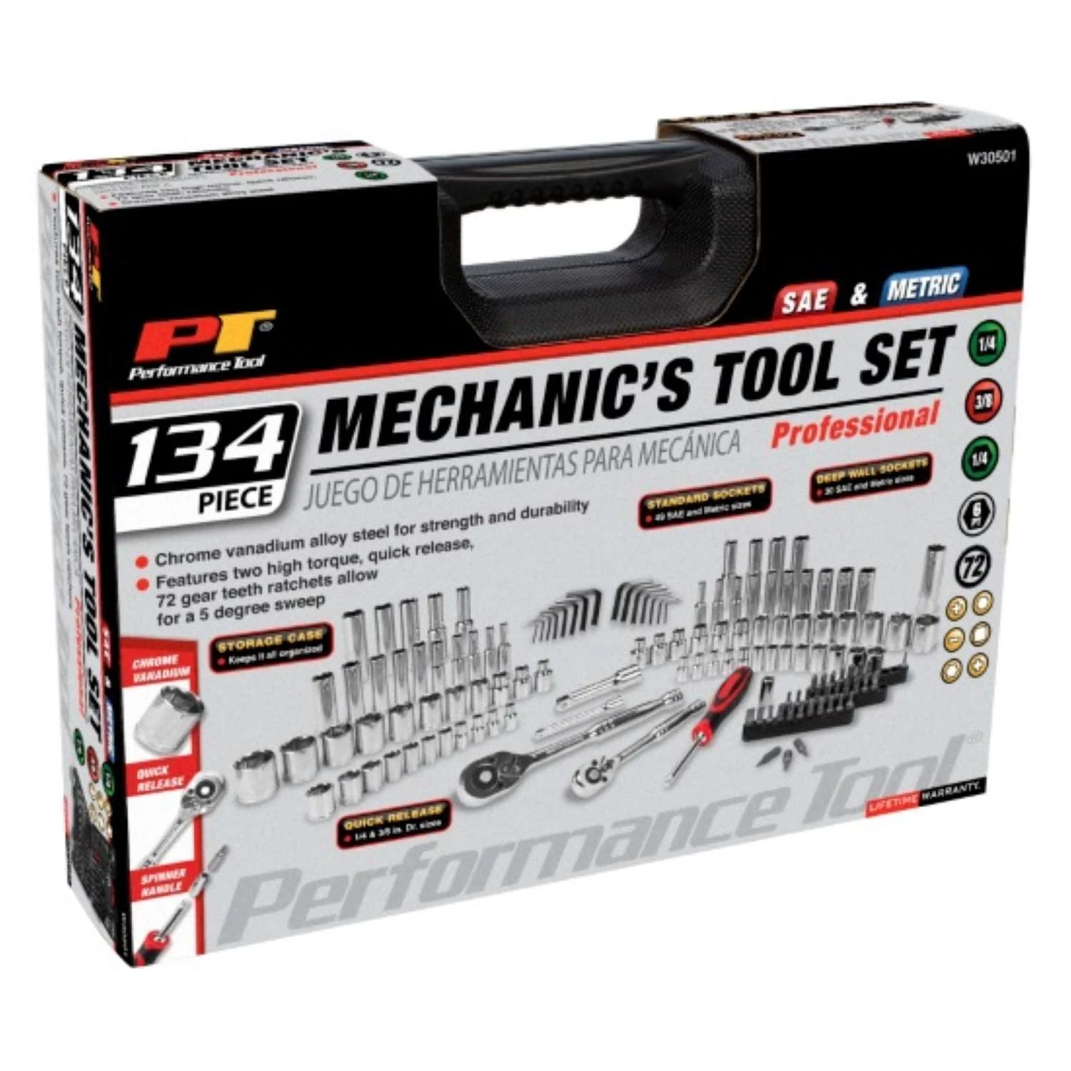 Performance Tool 1/4 In. Drive Metric And SAE Mechanic's Tool Set 134 Pc 1 Performance Tool 1/4 In. Drive Metric And SAE Mechanic's Tool Set 134 Pc