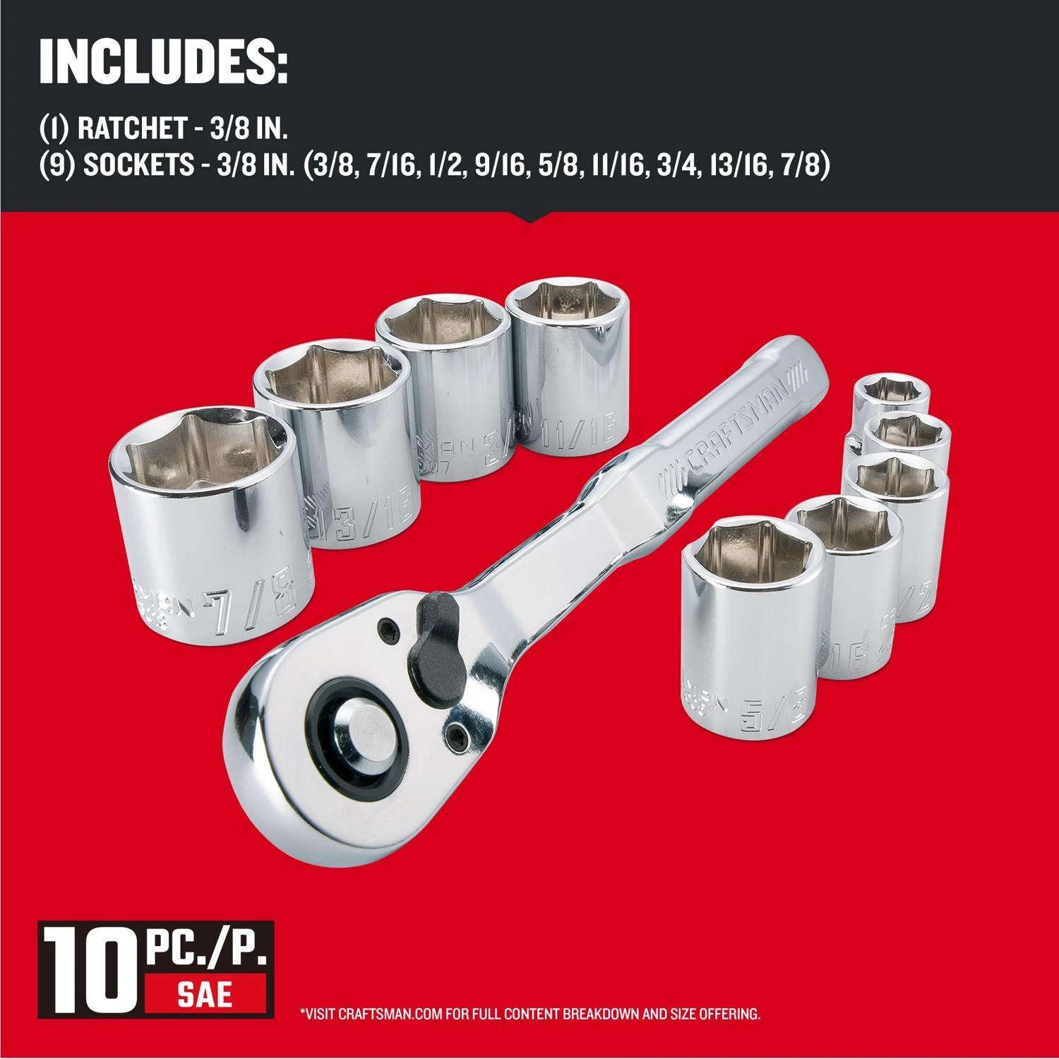 Craftsman 3/8 In. Drive SAE 6 Point Socket Set 10 Pc 2 Craftsman 3/8 In. Drive SAE 6 Point Socket Set 10 Pc - Image 2